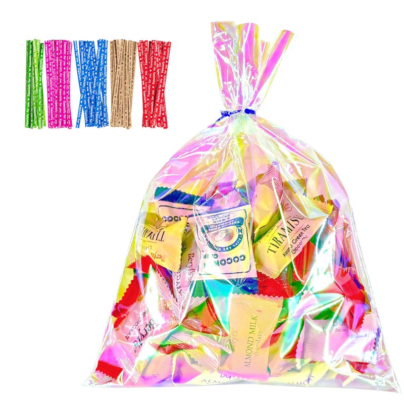 Cherodada Cellophane Treat Bags 8x11 Inch Iridescent Holographic Pretzel Bags With Twist Ties Chocolate Cookies Pack of 100